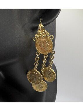 Vintage Gold Tone Mexican Emperor Coin Dangle Chandelier Earrings